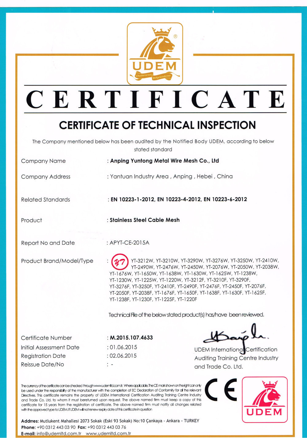 Chiny Anping Yuntong Metal Mesh Co., Ltd. Certyfikaty